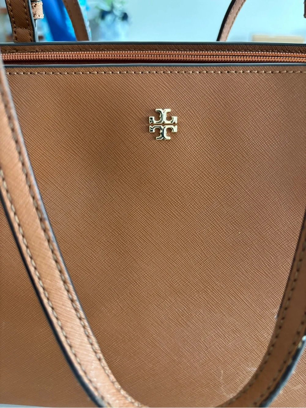 Tory Burch Saffiano Leather Tote in Cognac with Gold Logo